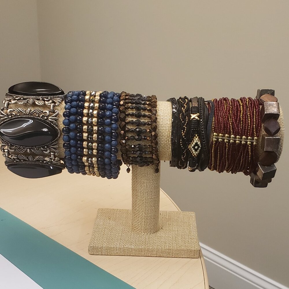 Burgundy, Black, Blue, gold, large cuff stretch fashion bracelet bundle